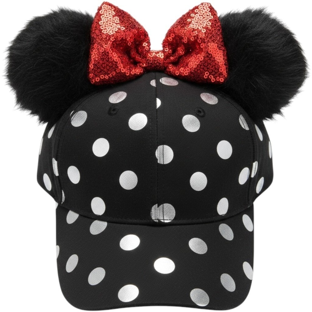 DISNEY PARKS Minnie Mouse Dots & Bow ADULT Pom Pom Ears Baseball Hat Cap NEW